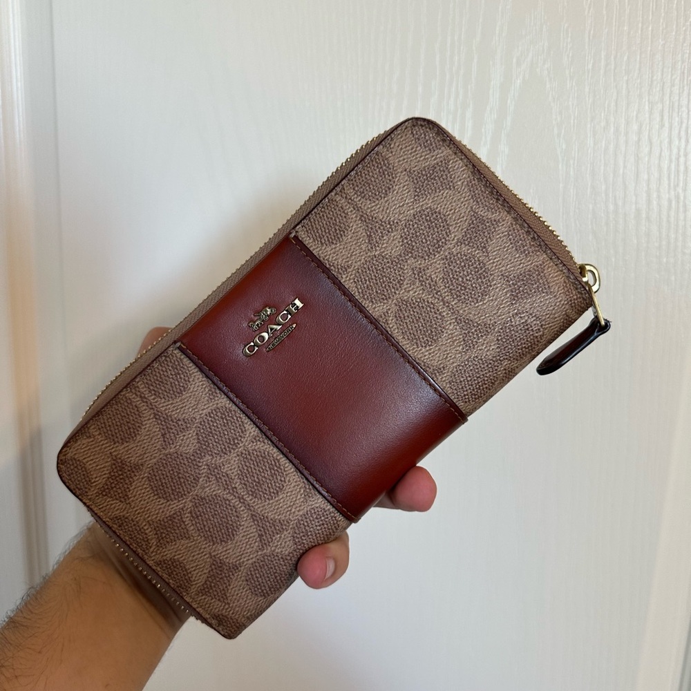 Coach Signature Brown and Red Zip Wallet